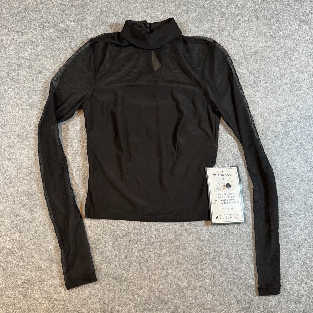 Alex & Sophia Blouse Womens XXS Black Sheer Mesh Mock Neck Long Sleeve Top NWT